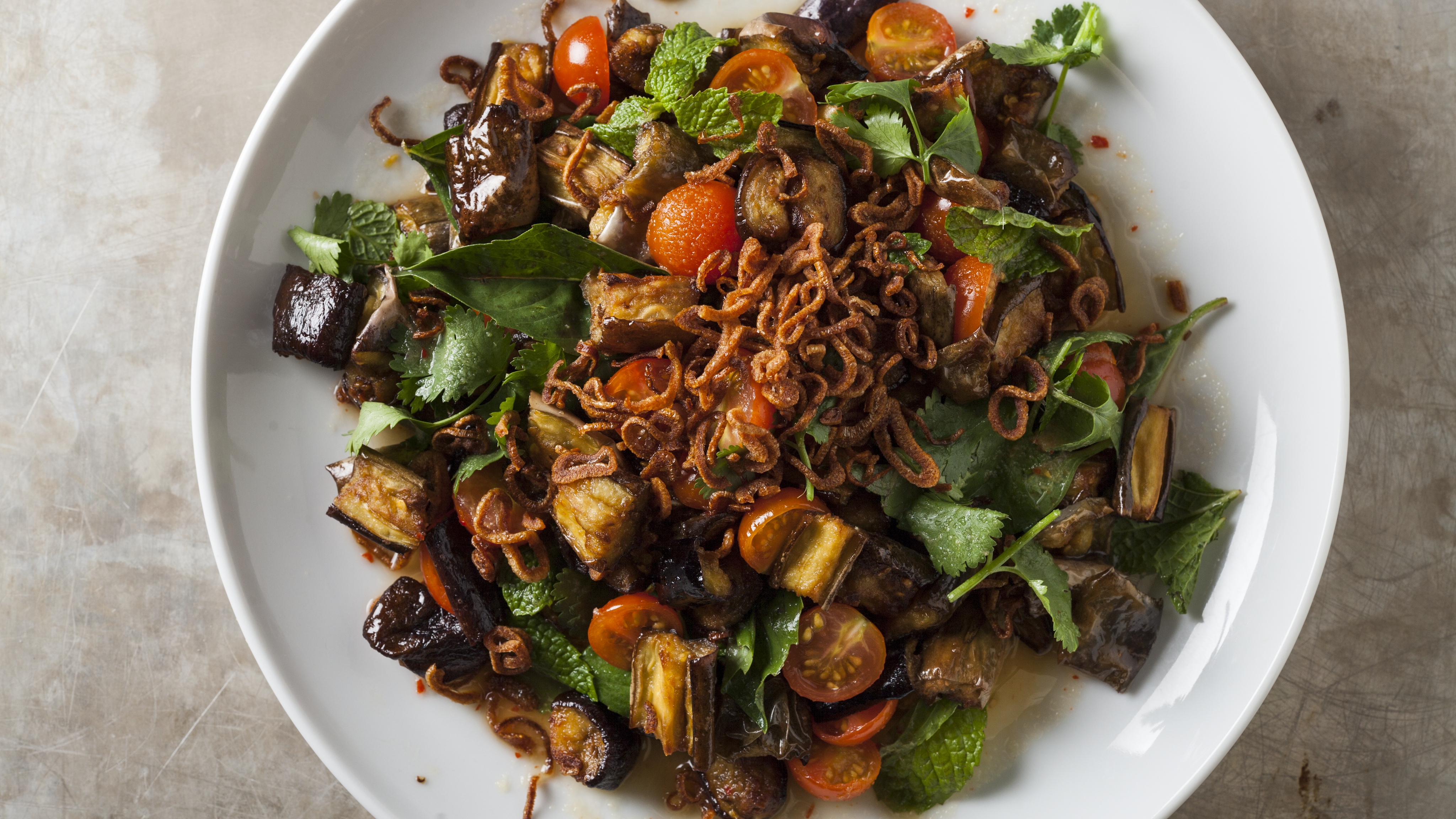 Join the test kitchen for Crispy Thai Eggplant Salad